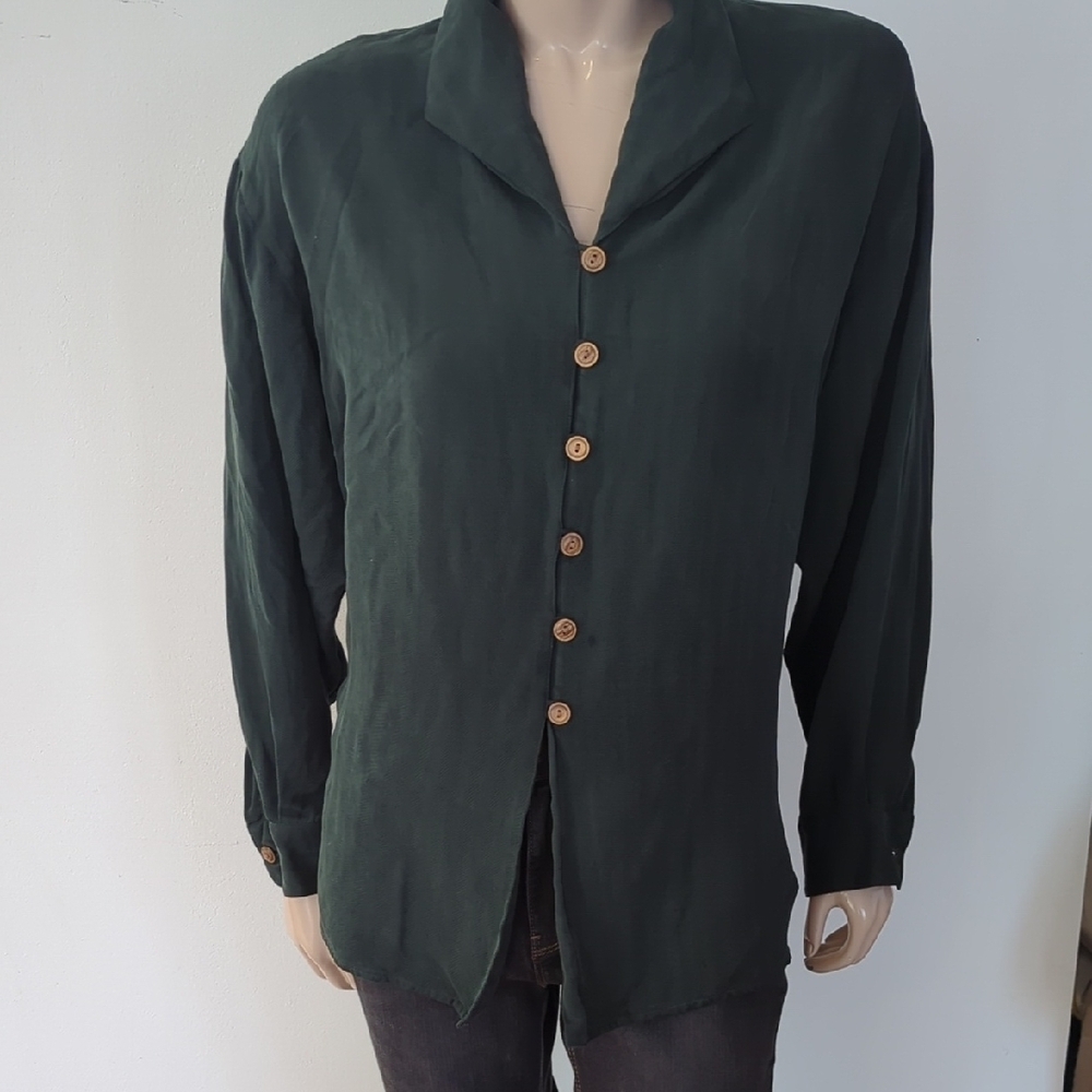 Green Blouse with Relaxed Fit and Shawl Collar 90s